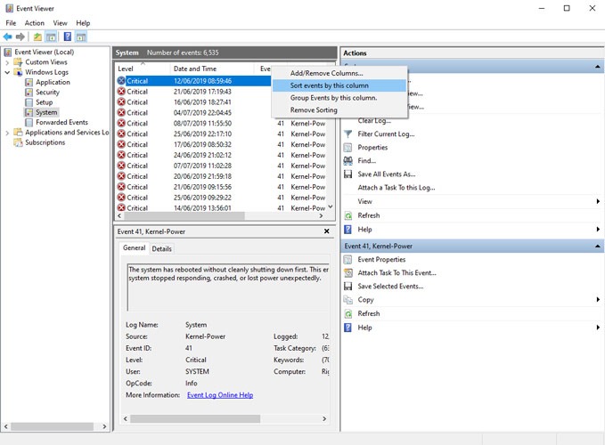 See Pc Startup Shutdown History Event Viewer Sort Events